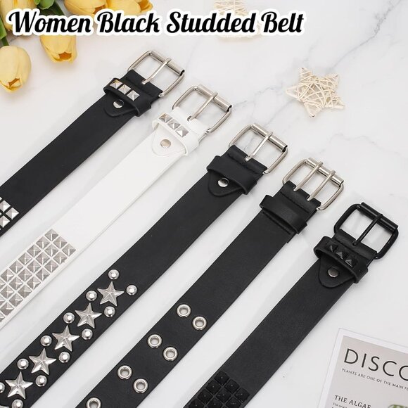 Women's Luxury Black Metal Punk Rock Rivet Belt With Bright Pyramid Studded - Picture 5 of 6